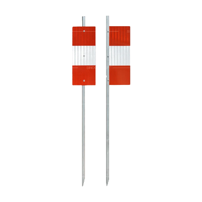 Single side and double sided metal roadworks beacon with red and white reflective panels and a steel support post