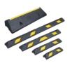 Different sizes of parking blocks, car stoppers and HGV wheel stops for car park safety and vehicle positioning