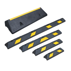 Different sizes of parking blocks, car stoppers and HGV wheel stops for car park safety and vehicle positioning