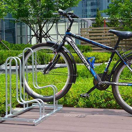 Cycle racks and cycle stands compatible with city bikes and mountain bikes, allowing secure locking of frame and wheels