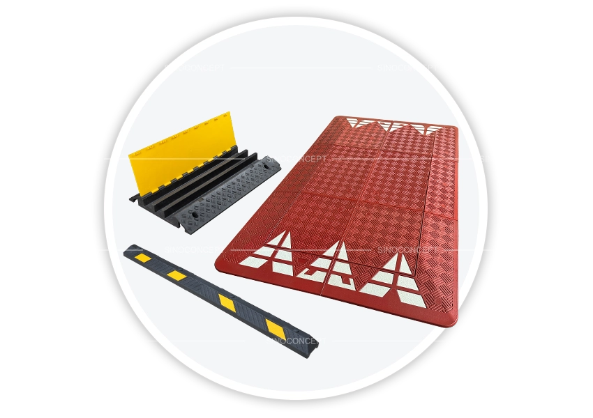 Recycled materials transformed into traffic safety products, including wheel stops, speed bumps, lane dividers, speed cushions, and cable ramps, ensuring safety and sustainability in urban and industrial environments