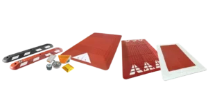 Various road and traffic safety devices including lane divider, reflective road studs, and speed cushions