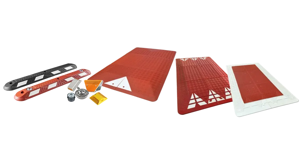 Various road and traffic safety devices including lane divider, reflective road studs, and speed cushions