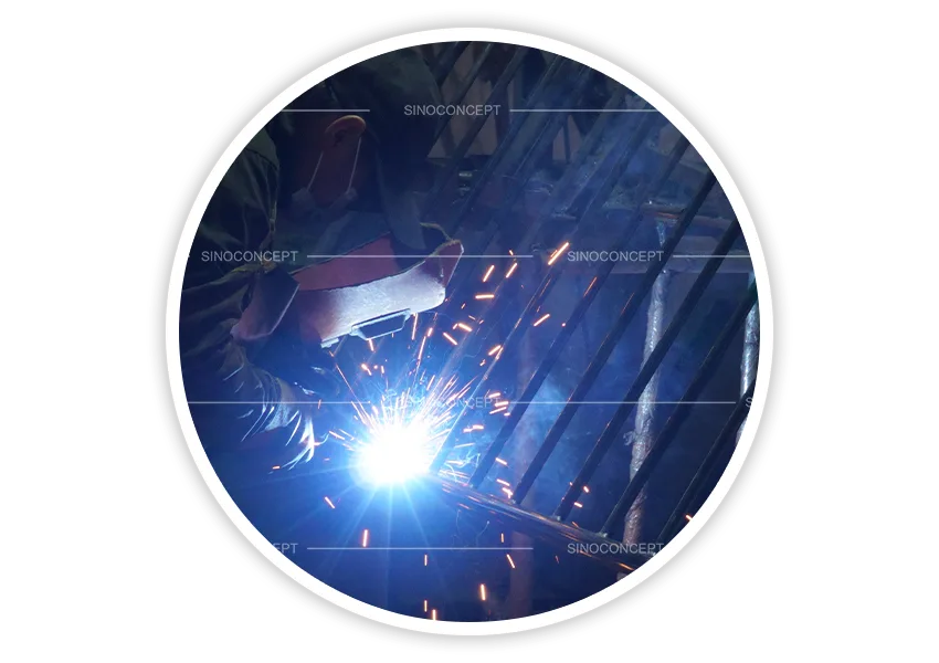 Steel manufacturing process showing welding and metalwork in progress
