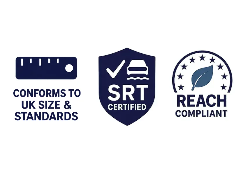 UK speed cushions compliance icons showing UK size standards, SRT certified and REACH compliant
