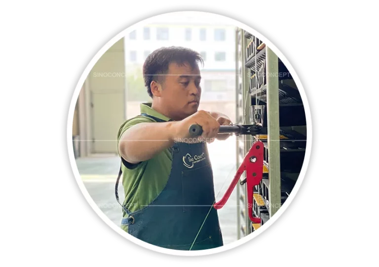 Sino Concept quality control team member inspecting products in the factory, ensuring European standard compliance and excellent value for money in production