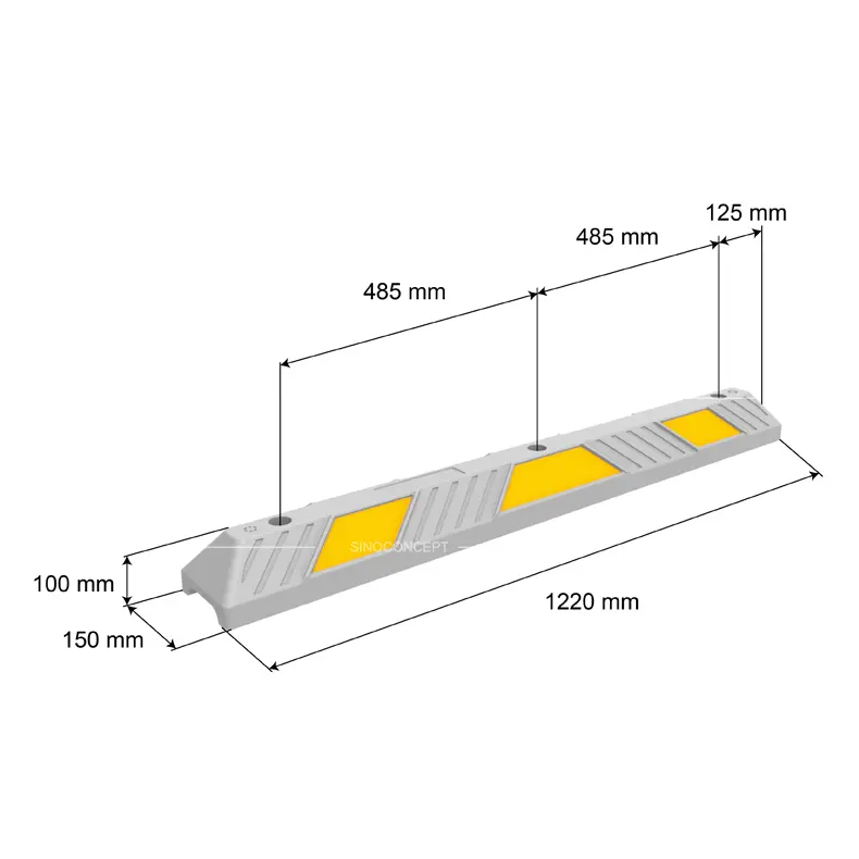 1220 mm wheel stop dimensions diagram showing 1220 x 150 x 100 mm and installation hole spacing