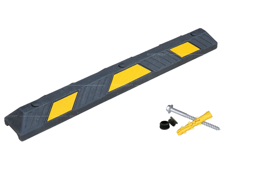 1220 mm wheel stop supplied with installation accessories, plastic-rubber composite and reflective films for parking accuracy