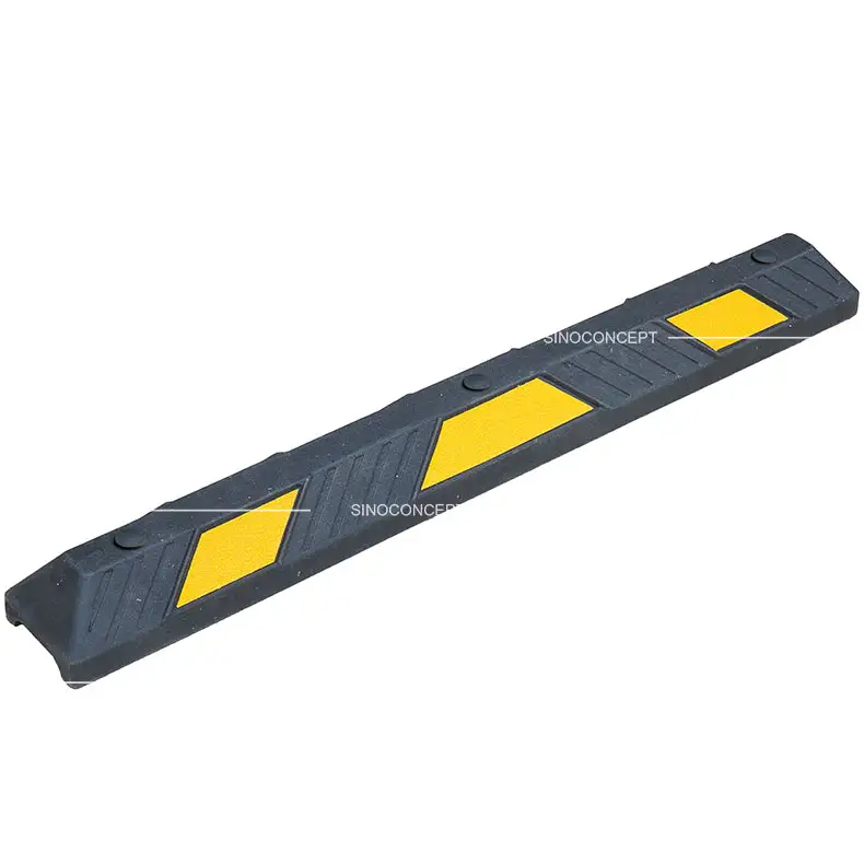 Black 1220 mm wheel stop with yellow reflective films and textured surface for parking guidance