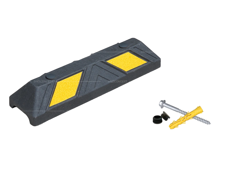 550 mm wheel stop supplied with installation accessories, plastic-rubber composite and reflective marking for improved parking accuracy
