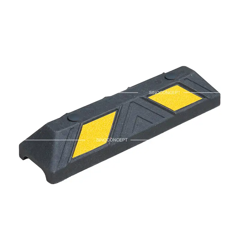 Black 550 mm wheel stop made of plastic-rubber composite with yellow reflective films for parking management