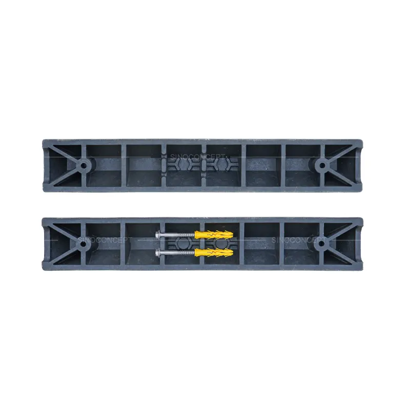 Bottom view of 900 mm plastic-rubber composite parking wheel blocks with 2 hot-dip galvanised hex flange coach screws and plastic anchors