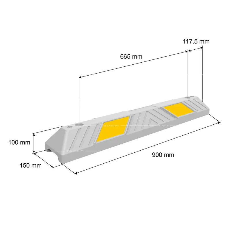 900 mm wheel stop dimensions diagram showing 900 x 150 x 100 mm and installation hole spacing