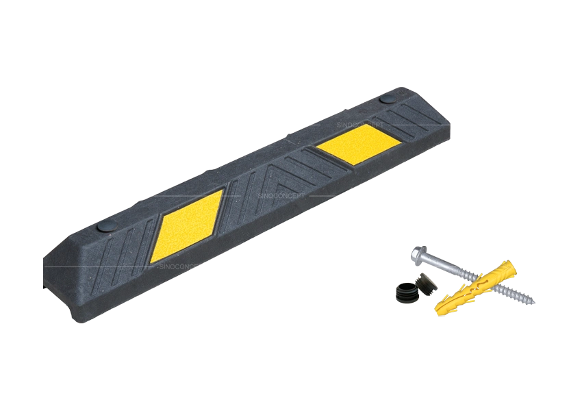 900 mm wheel stop supplied with installation accessories, plastic-rubber composite and reflective markings for improved parking accuracy
