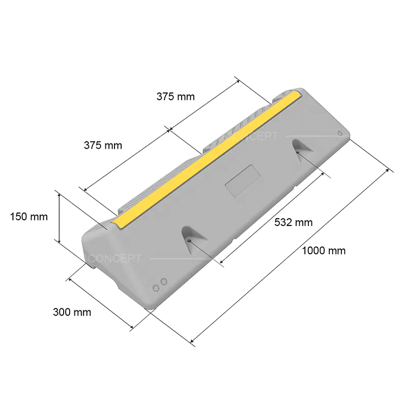 Lorry wheel stops dimensions diagram showing overall length, width and height for project planning and installation layout