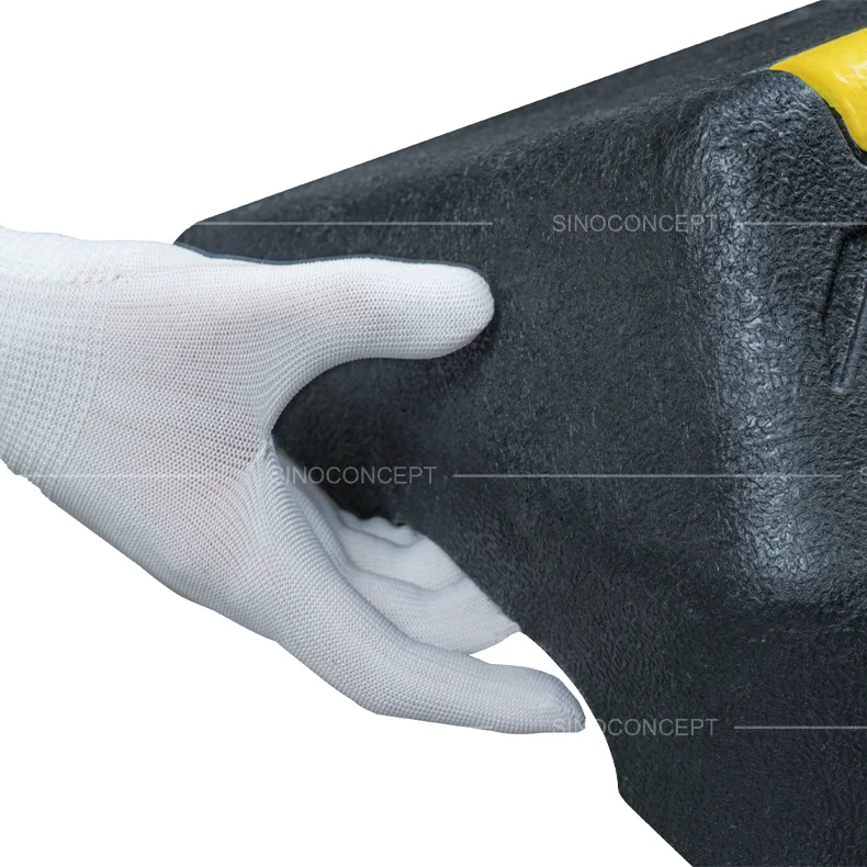HGV wheel stop with built-in handles, made from durable plastic-rubber composite for easy handling and effective vehicle stopping