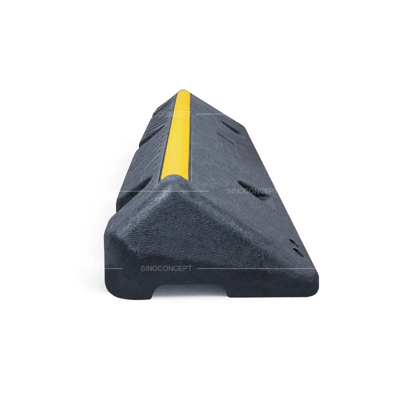 Side view of HGV wheel stop made from plastic-rubber composite, providing effective vehicle stopping in parking areas