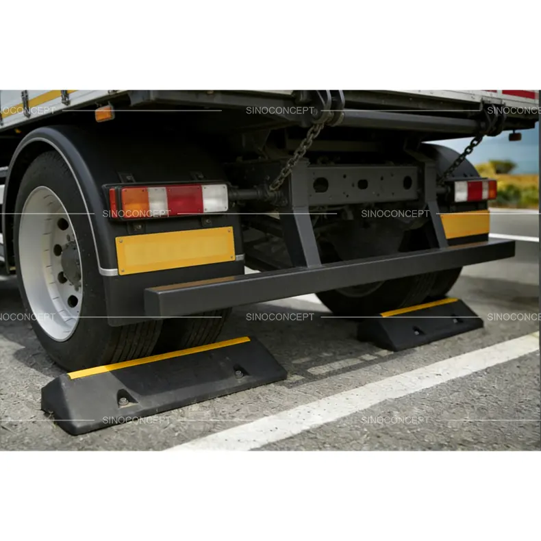 HGV wheel stops positioned behind a truck for parking safety and wheel protection