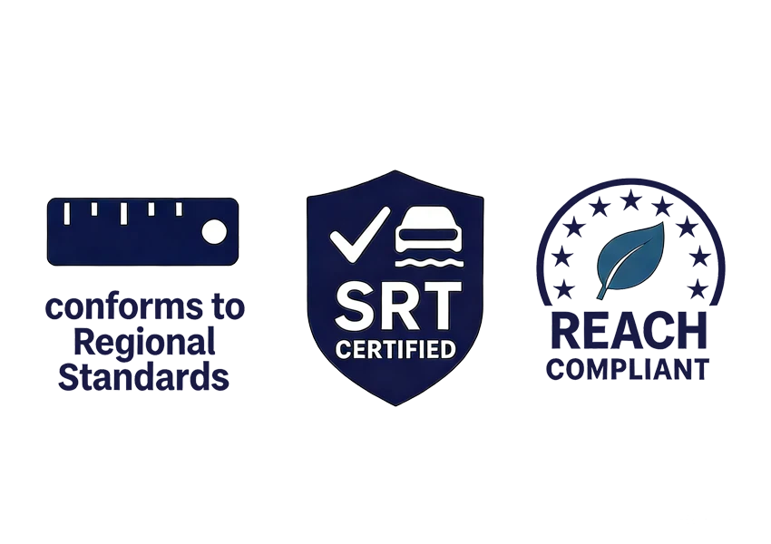 Compliance icons for speed cushions showing Regional Standards, SRT certified and REACH compliant marks