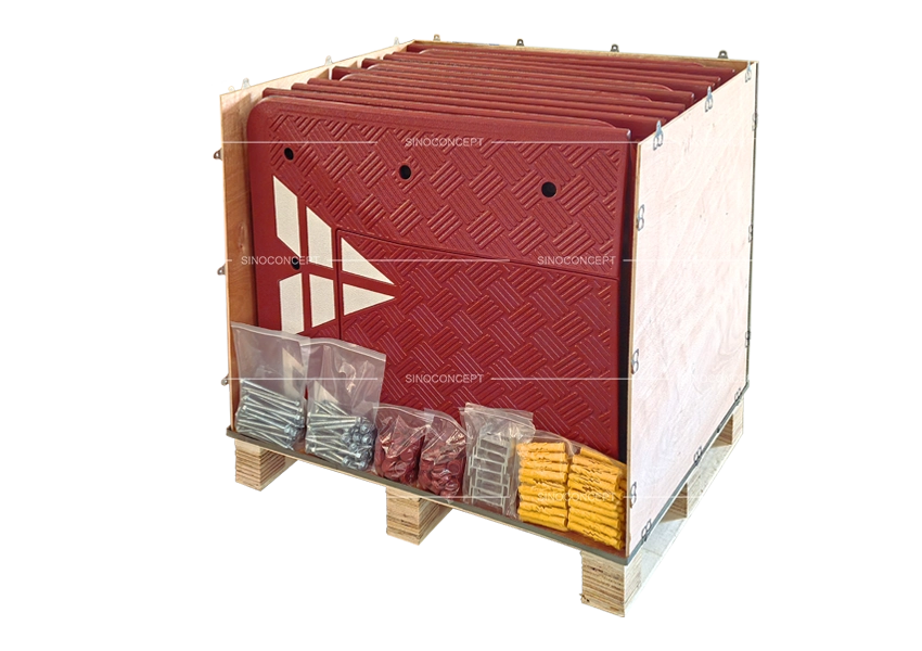 Red speed cushions packing on plywood crate, neatly stacked modules with installation accessories including screws and anchors