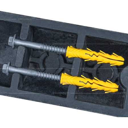 Bottom view of plastic-rubber composite parking blocks with 2 hot-dip galvanised hex flange coach screws and plastic anchors