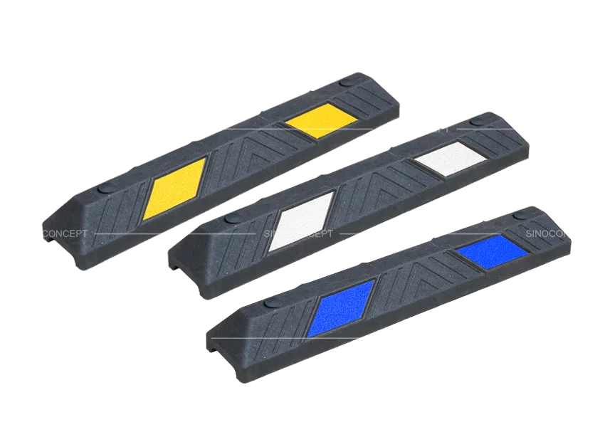 Wheel stops custom colours with reflective inserts for car park parking bays