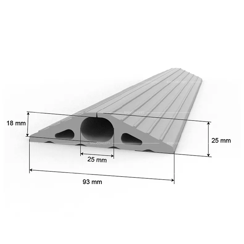 3D drawing of 1-channel floor cable cover showing dimensions of width, height and acceptable cable size