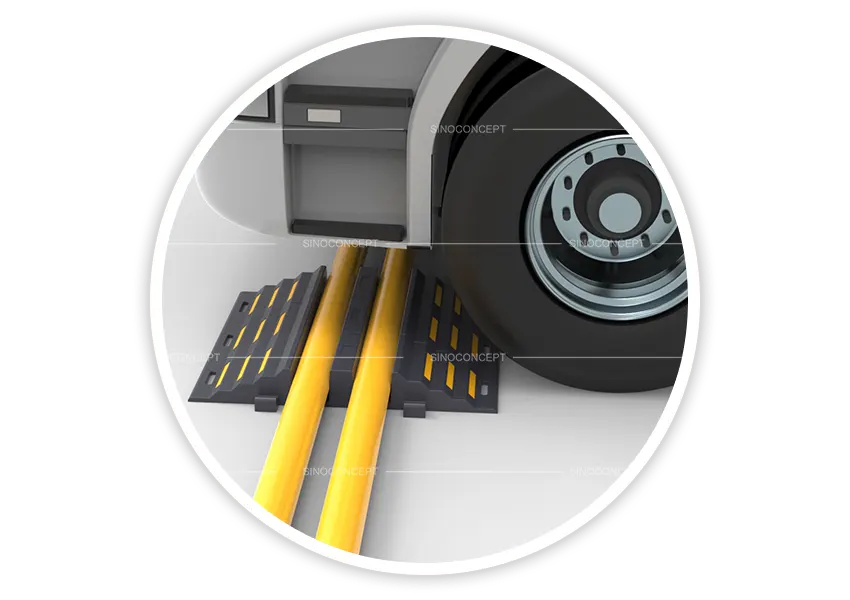 Ø110 mm hose protector ramp for heavy-duty use in construction sites and emergency zones with visible reflective strips