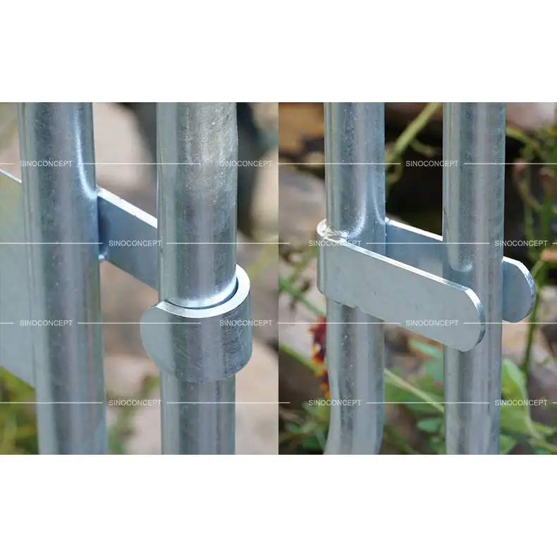 2-metre crowd barrier interlock connector detail showing the hook-and-pin connection between panels