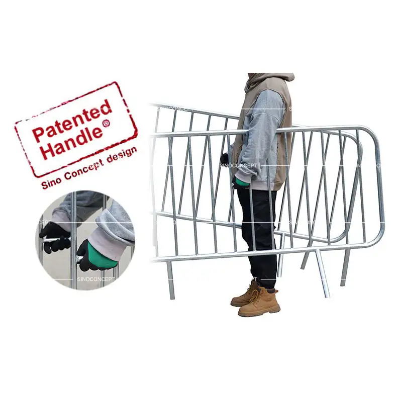 2-metre crowd barrier with patented carry handle, shown being lifted for faster setup and removal