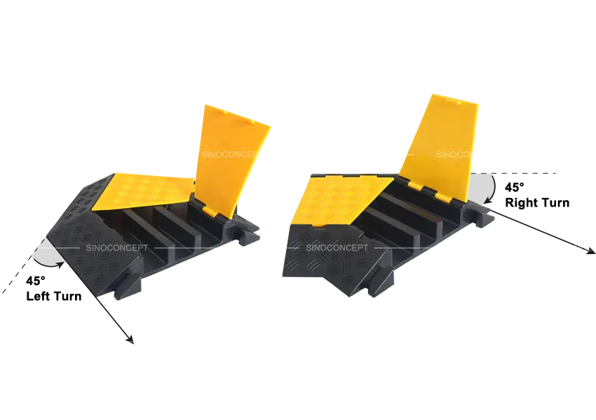 3-channel cable protector corner with yellow lid for flexible cable routing around corners