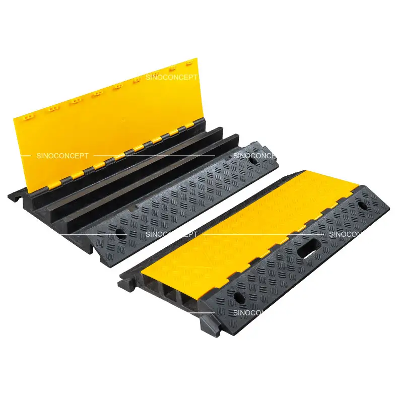 Standard 3-channel cable ramp made of plastic-rubber composite with yellow PE lid Anti-slip surface and durable design