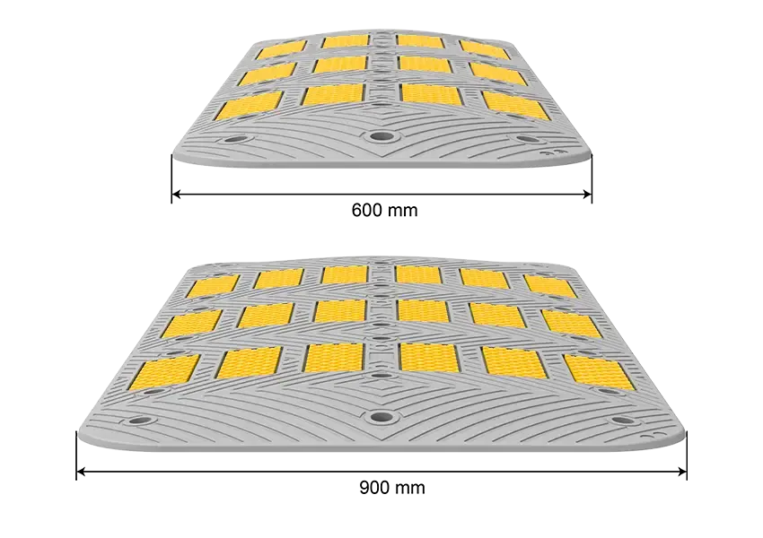 Front view comparison of 5 cm speed hump showing 600 mm and 900 mm widths with yellow reflective strips for traffic calming