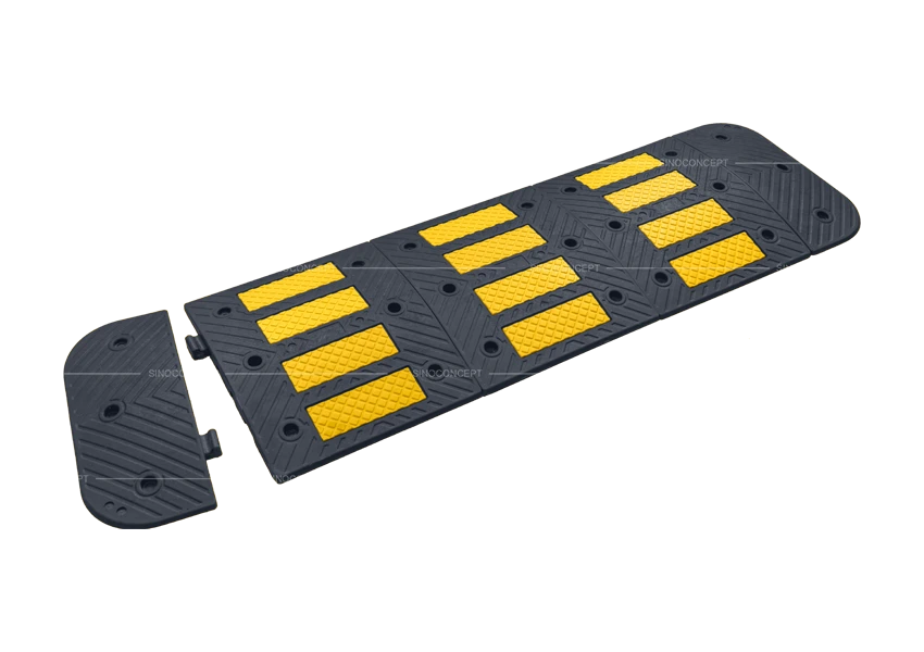 5 cm black and yellow plastic-rubber composite speed hump with reflective panels for traffic calming in car parks and private roads