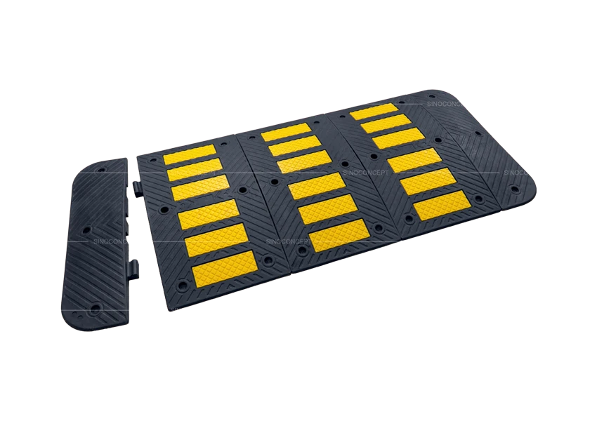 7 cm speed hump assembled set with middle parts and end cap, showing fixing holes and yellow anti-slip panels