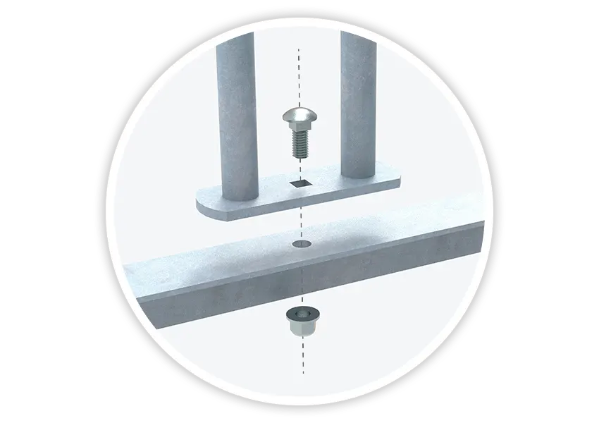 Diagram showing easy installation of bike rack with carriage bolts and square necks to prevent loosening
