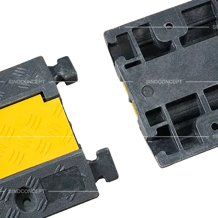 Cable ramps and cable protectors with interlocking system for flexible and fast installation on changing layouts