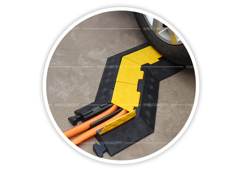 Cable ramps and cable protectors including 3-channel corner design for changing direction and secure cable protection in high-traffic areas