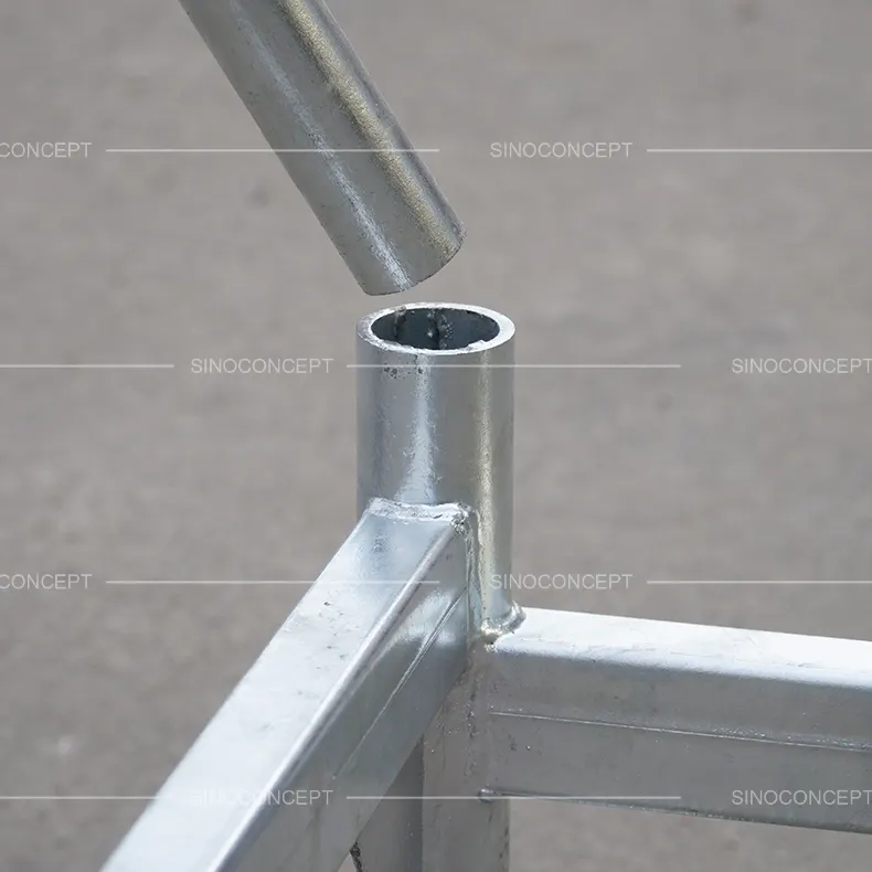 Details of crowd barrier stillage with detachable post for easy assembly and secure stacking of barriers