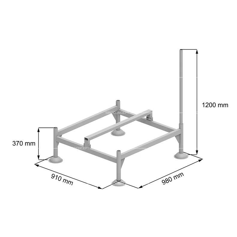 Technical illustration of crowd barrier stillage with dimensions 980 x 910 x 1200 mm, designed for stacking and storing crowd control barriers