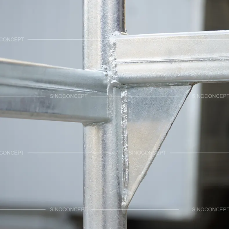 Details of hot-dip galvanised crowd barrier stillage with seamless strong welds and support bracket for durability and strength
