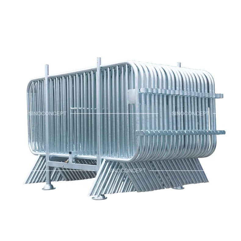 Hot-dip galvanised steel crowd barrier stillage for storing and transporting up to 20 crowd control barriers, stackable design for wholesalers and event equipment suppliers