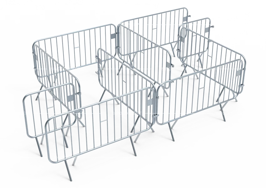 Crowd control barriers used in small events, angled areas, and festivals for queue and crowd management