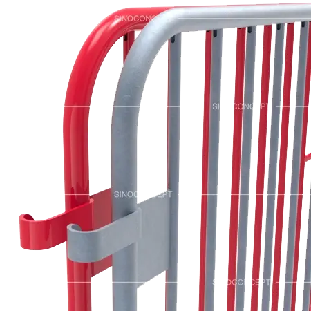 A close-up of a metal crowd control barriers with red and silver surface protection, featuring hot-dip galvanisation and optional anti-UV powder coating