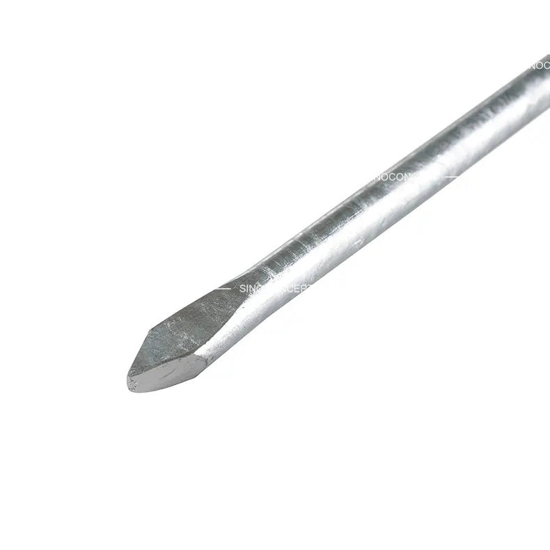 Close-up of ground spike tip with sharp point for easy installation