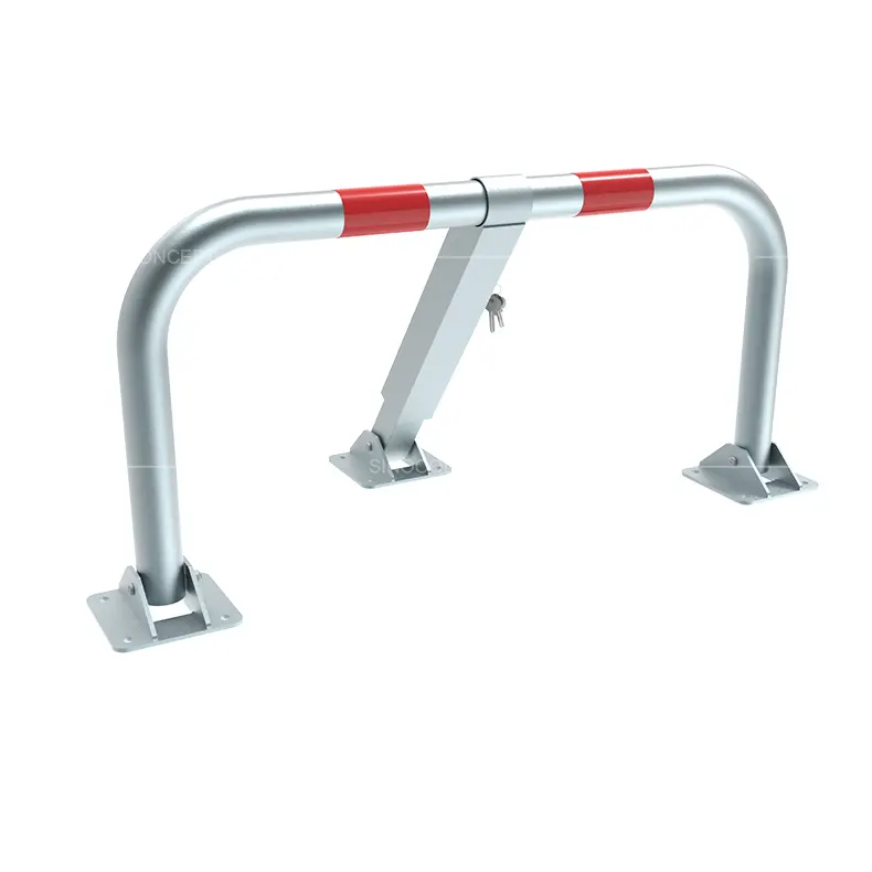 Heavy-duty folding parking barrier electro-galvanised with red reflective strips in upright position for reserved bay protection