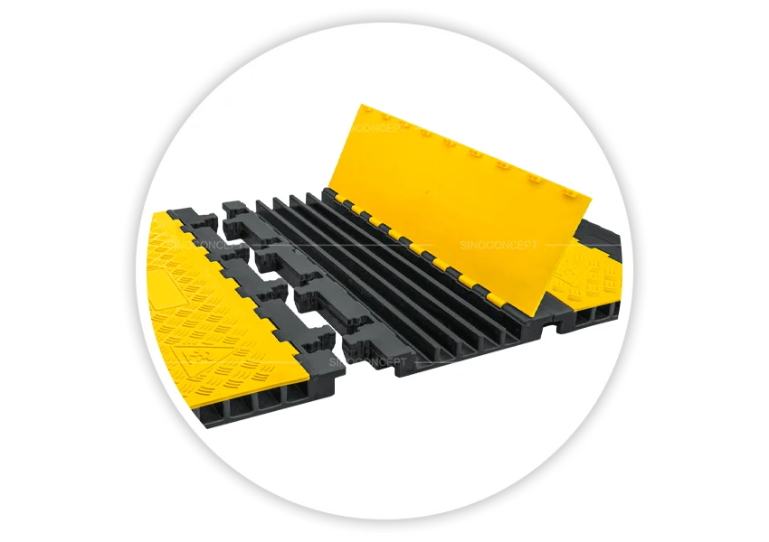 Middle section of 5-channel modular cable ramps made from recycled rubber for high-volume and wide cable protection setups