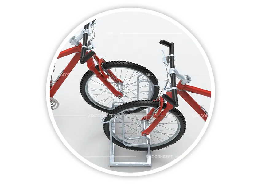 Two bicycles parked in an S02 floor bike rack, showing wheel-slot parking layout for public areas