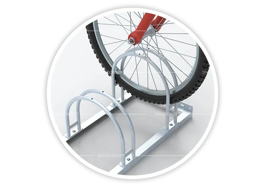 Bicycle floor rack with space-saving design, high-low layout, and heavy-duty steel for outdoor use.