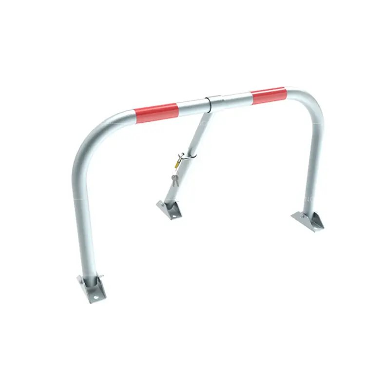 Standard folding parking barrier electro-galvanised in upright position with red reflective strips and foldable design for private car park protection